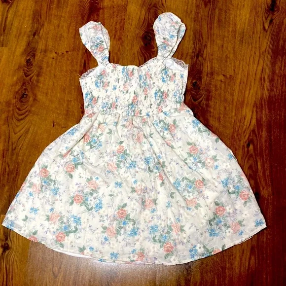 🎀 Blue & Pink Floral Babydoll Dress w/ White Floral Embroidery Overlay 🎀 NWT - Picture 8 of 11